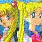 A pixelated anime-style character with long blonde hair and blue eyes, wearing a red bow tie over a white shirt and blue jacket.
