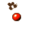Red circular icon with white highlight and brown pixelated shapes scattered around on gray background.