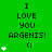 Green background displays repeated text "I LOVE YOU ARGENTIS!" with a smiley face and white heart symbols in varying quantities across frames.