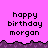 Pixelated text 'happy birthday morgan' repeated across a pink background with purple decorative border.