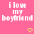 Pixelated pink background with repeated white text "i love my boyfriend" and yellow heart symbols arranged in a pattern