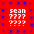 Red background with blue star-like patterns and four identical white text blocks reading 'sean' above three of question marks