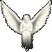Four of a pixelated angel icon with outstretched wings, hands clasped in prayer pose against gray background