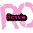 Pixelated pink 'RO' letters with 'Rossie' text, a black-and-white heart with pink flower, pink bird, and 'awesome ICON.' text on white background.