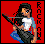 Pixel art of a woman with long dark hair holding a guitar, wearing a white and blue shirt and dark pants, against a red background with vertical text.