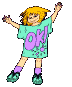 Pixelated cartoon character with blonde hair wearing a teal shirt with purple "OK!" text, green shoes, and purple socks in various poses against gray background.