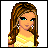 A 48x48 pixel animated buddy icon featuring a cartoon woman with long brown hair and blue eyes on the left, transitioning to a pink background with "Visit" text and a purple logo on the right.