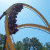 A pixelated image shows a brown curved structure with dark patches against a light blue background and green foliage below.