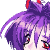 Pixel art of a character with purple hair, red eyes, and black eyeliner against a gray background.