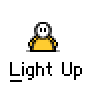 Animated contact sheet showing 14 frames of a yellow stick figure icon with changing poses and speech bubbles, all labeled "Light Up" below each frame on a gray background.