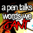 A contact sheet of six animated frames showing a cartoon-style text-based icon with repeated phrases and color changes across frames.