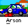 Animated sequence showing a blue car with green roof and white windows, starting intact then progressively burning into flames
