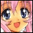 Anime-style character with pink hair and blue eyes, smiling with open mouth, next to stylized text on black background.