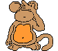 Pixelated monkey icon with orange belly, brown body, and blue eyes in three distinct poses showing hand positions over eyes, mouth, and head.