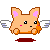 Pixelated orange fox-like creature with pink inner ears and white wings, displaying four distinct facial expressions and hand positions