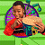 A pixelated animated buddy icon featuring a person in red and blue clothing holding an object, with green text reading "Original Icons .com" on the right side against a dark background.