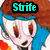 Pixelated cartoon character with brown hair and blue headband, wearing white shirt with red accents; text above reads 'Strife' in cyan on left frame, green on right frame.