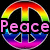 Three circular rainbow-colored peace symbols with pink text overlays reading Peace, Luv, and Me on a black background.