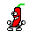 Red chili pepper character with green stem, white eyes, and black limbs in various animated poses against gray background.