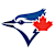 Pixelated Toronto Blue Jays logo featuring a blue jay bird with red maple leaf on white triangular background.
