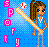 Pixel art buddy icon of a girl with brown hair in a ponytail swinging a baseball bat at a red-and-white ball against a blue background, with pink text spelling "SPICY" vertically on the left side.