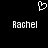 Pixelated white heart symbol above two identical pixelated text instances of 'Rachel' on a black background.