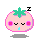 Pixelated pink tomato-shaped avatar with green stem, closed eyes, pink cheeks, and blue drool, shown in four variations with 'Z' sleep symbols and shadow changes.