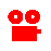 Red pixelated film camera icon with two circular lenses and a rectangular body, transitioning to the same shape overlaid by yellow text 'jmp' on gray background.