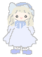 Pixelated doll avatar with blonde hair, blue bow, and light blue dress, shown in two expressions with closed eyes on the right.