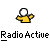 Pixelated character icons with white and green heads, yellow and green bodies, and 'Radio Active' text beneath them on a gray background.
