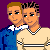 Pixel art buddy icon showing two male figures embracing against a purple background with "TAKEN + HAPPY" text in white block letters.