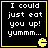 Black square with yellow border contains white pixelated text "I could just eat you up! yumm..." and a yellow Pac-Man icon in bottom-right corner.