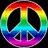 Rainbow-colored peace symbol icon with black inner sections, purple heart-shaped icon with white and black outlines, and yellow smiley face with wide grin and upward-tilted eyes.