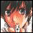 Pixelated anime-style character with brown hair and green eyes, wearing a white shirt with a red tie, next to black background with white text.