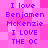 Pixelated text on a pink background with purple lettering, displaying repeated phrases about loving Benjamin McKenzie and the OC