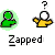 Animated sequence showing two pixelated figures interacting with green and yellow color schemes, text 'Zapped' below each frame.