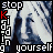 repeated pixelated faces with text overlays showing 'stop' and 'kidnapping yourself' in white and red letters