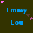 Dark green background with repeated blue text 'Emmy' and 'Lou', pink and brown stars scattered across, gray rectangle in bottom-right corner.