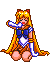 Pixel art of a blonde anime character with cat ears, blue sailor-style top, and orange cape, kneeling and holding a glowing blue object near her face.