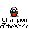 Animated contact sheet of a pixel art character in red clothing performing various poses with text "Champion of the world" and small decorative sparkles on gray background.