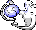 Pixelated figure holding a globe with changing continents , rendered in blue and gray tones on a solid background