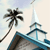 Pixelated image of a palm tree leaning left and a ship's mast with rigging against a light sky background.