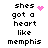 Pixelated text reads "shes got a heart like memphis" with pink heart and starburst symbols appearing in different frames.