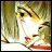 A pixelated anime-style character with light brown hair and a red collar, positioned next to stylized text on a black background.