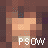 Pixelated character face with brown hair and blue eyes, showing mouth expression changes across frames, overlaid with white text "PSOW" on a brown background.