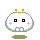 Four pixel-art frames of a white rounded character with orange antennae, pink cheeks, and green base showing facial expression changes across animation.