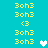 Pixel art with cyan background, yellow text repeating '3oh3', and three heart icons in white, light blue, and pale blue