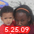Two children in red clothing stand side-by-side with a red banner displaying '5.25.09' at the bottom, against a pixelated background.