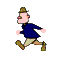 A cartoon character in a blue coat and green hat walks across a gray background, shown in multiple sequential poses.