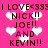 Pixelated text on a bright pink background with white heart shapes, repeating 'I LOVE<333 I LOVE<333 NICK!! JOE!! AND KEVIN!!' in two